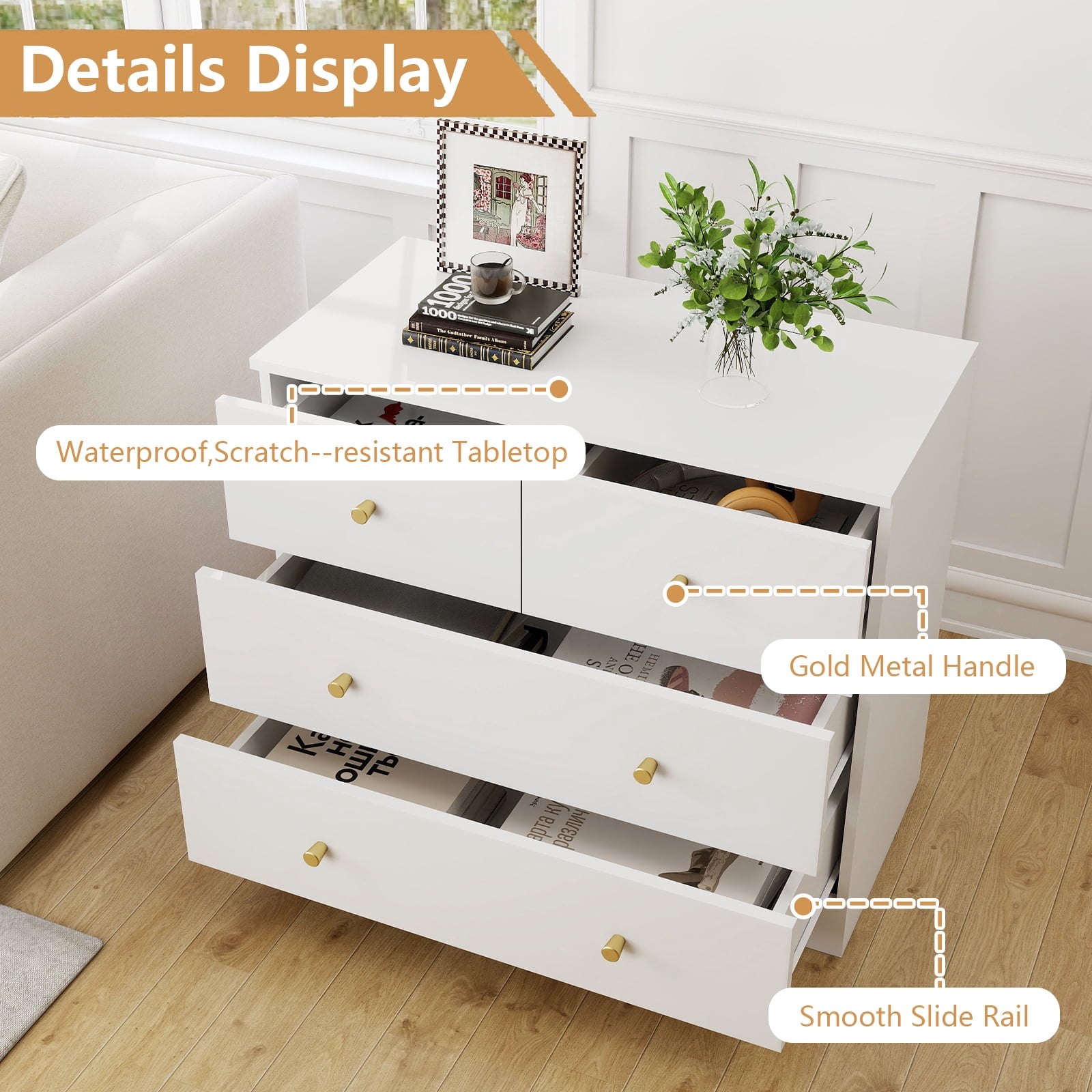GVN Bedroom Dresser, Chest of Drawers, Modern Simple 4-Drawer Dresser for Bedroom, Living Room, White