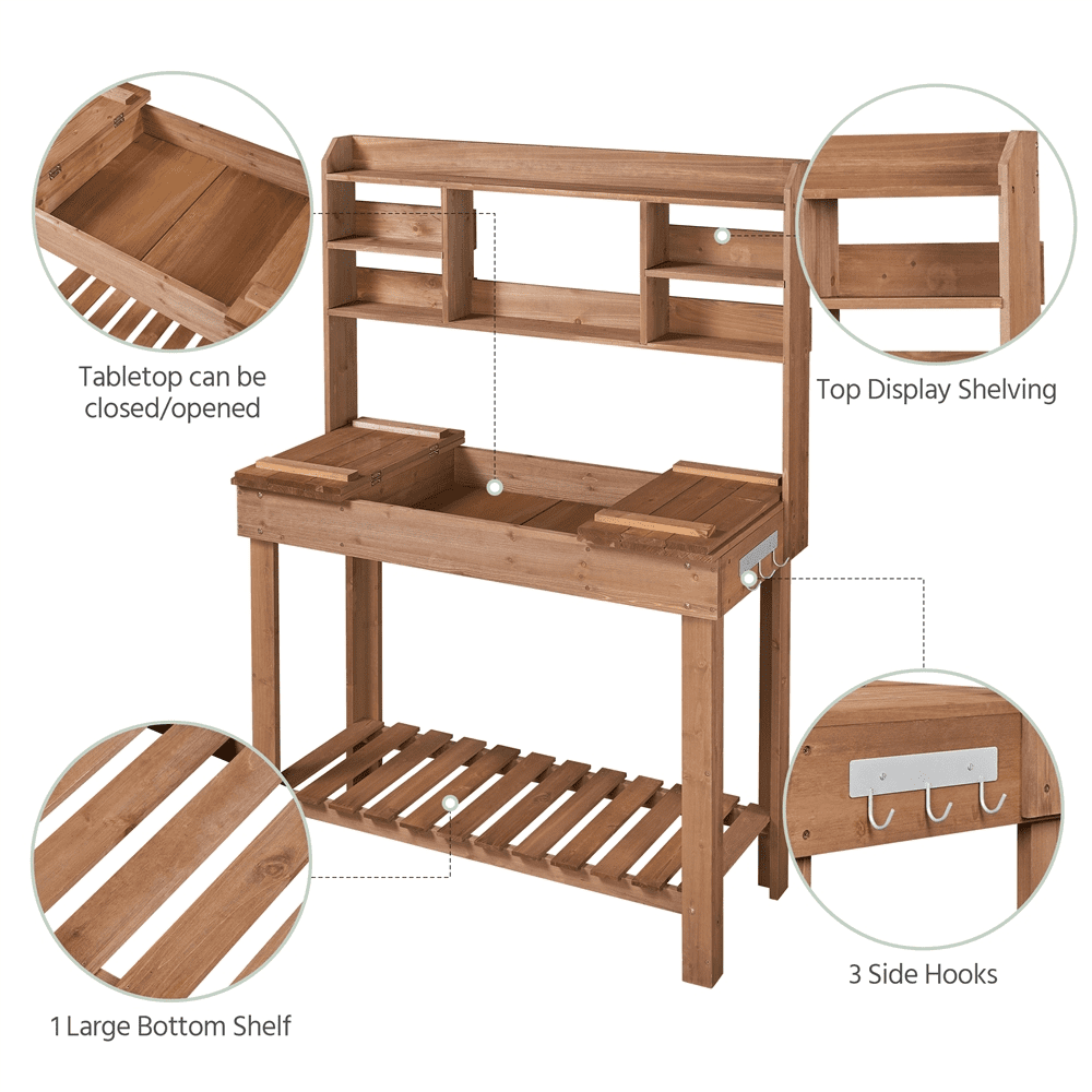 Renwick Potting Bench Table with Display Rack/ Storage Shelf/ Hanger, Brown