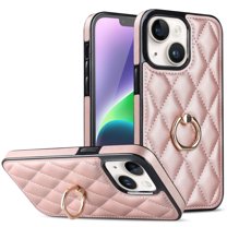 Dteck Case for iPhone 13 6.1-inch,Shockproof Leather Grid Case 360°Rotatable Ring Holder Kickstand Hybrid Rubber Cover,Rosegold