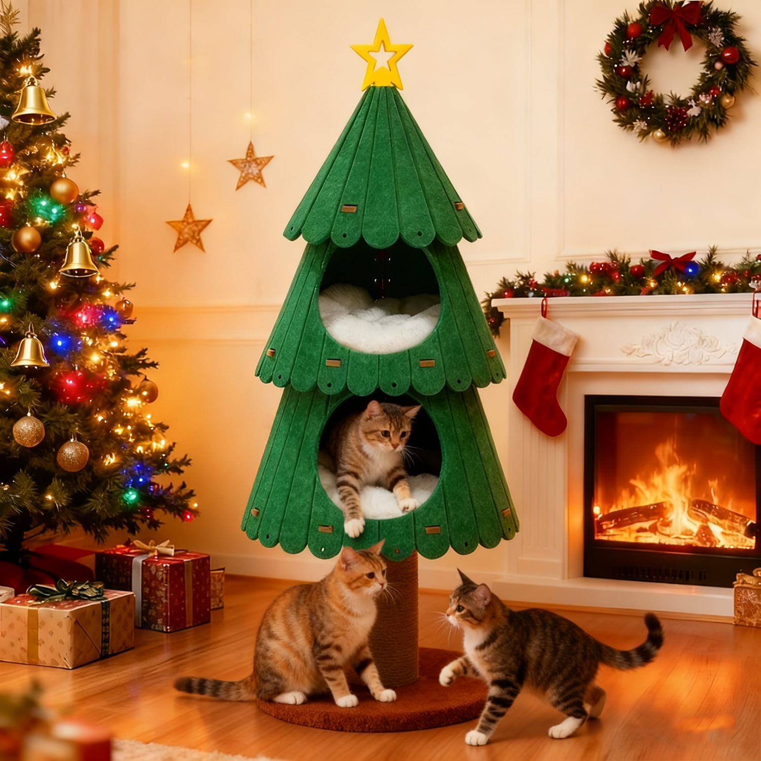 42.9" PEQULTI Christmas Cat Tree for Indoor Cats Cat Tower with 2 Cozy Houses Cat Furniture Green