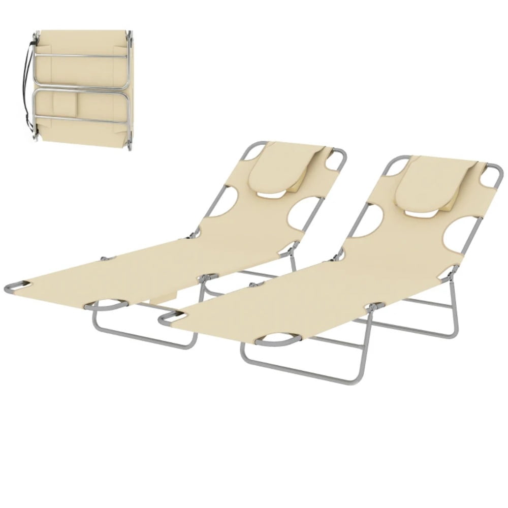 2-Pack Outdoor Folding Sun Lounger Set 5-Position Adjustable Backrest Face Cavity & Arm Slots Side Pocket Carry Strap Breathable Oxford Fabric Lounge Chair for Beach Pool Patio