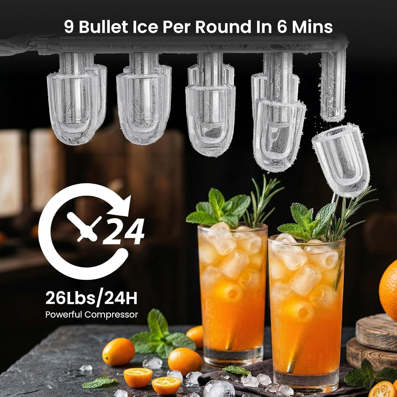 Ice Makers Countertop with Auto-Cleaning, 9 Bullet Ice Cubes in 6 Mins, 26lbs/Day, Portable Ice Machine with Handle, Basket and Scoop for Home, Kitchen, Office, Party