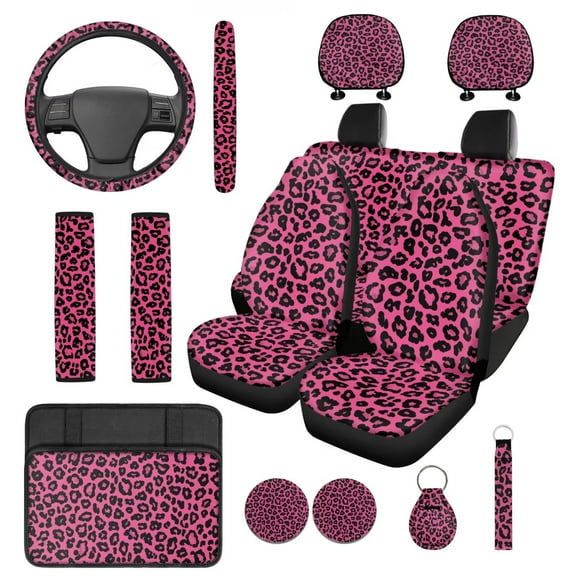 Yuyamidu 14pcs Pink Leopard Print Car Seat Cover Split Cover Fashion Steering Wheel Cover Seatbelt Pads Auto Armrest Cover Headrest Covers Cup Coasters Keychain for Women Gifts