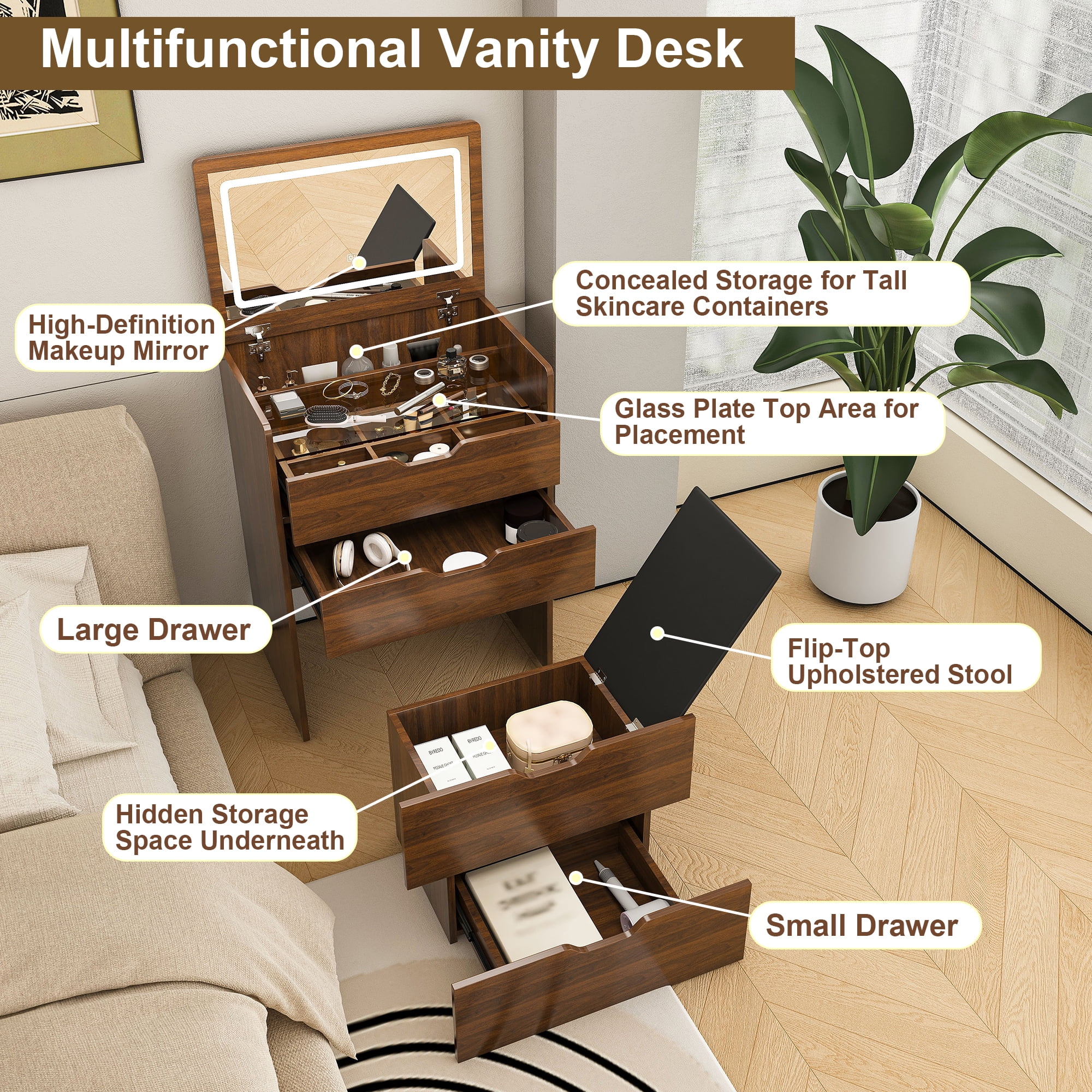 Jopath 3-in-1 Vanity Desk with Mirror & LED Lighted,23.62" W Flip Top Makeup Dressing Table with 4 Drawers for Bedroom,Walnut