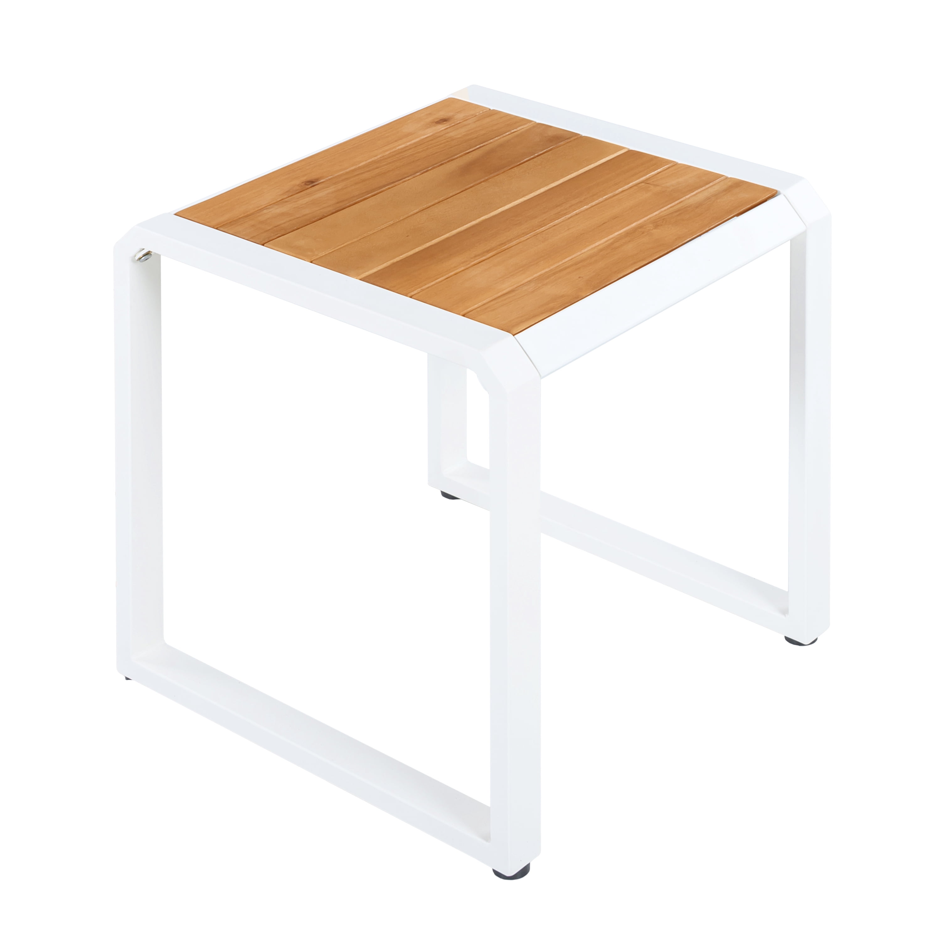 Outdoor Side Table 18.11 Inch, Patio Accent Table with Teak Wood Top and White Metal Frame, Small End Table for Porch and Poolside, Teak and White