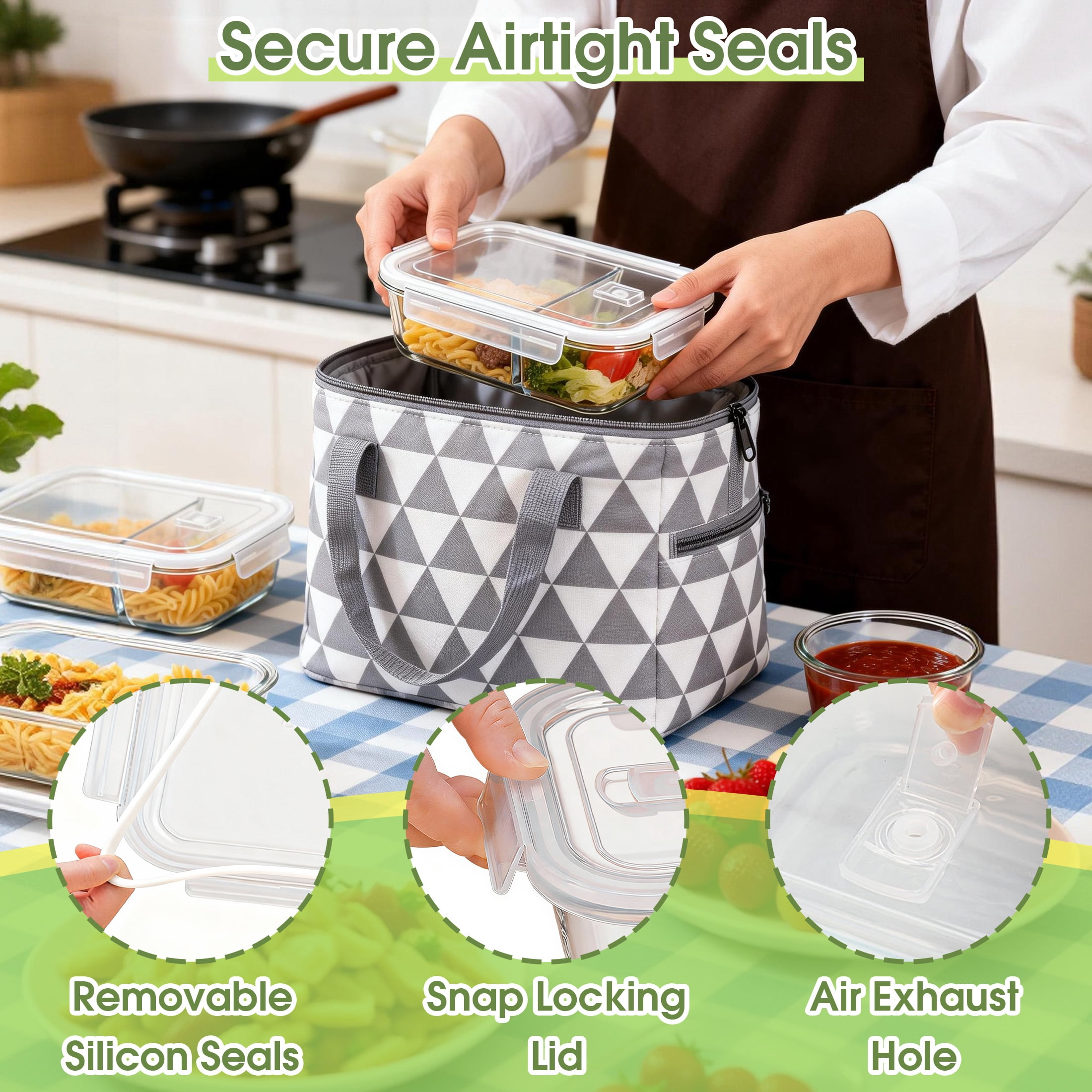 GARITIN 4 Pack Glass Food Storage Containers with Dividers, 8-Piece Meal Prep Containers with Lids, Leak-Proof Bento Lunch Boxes, Microwave, Oven, Dishwasher & Freezer Safe, Glass Tupperware
