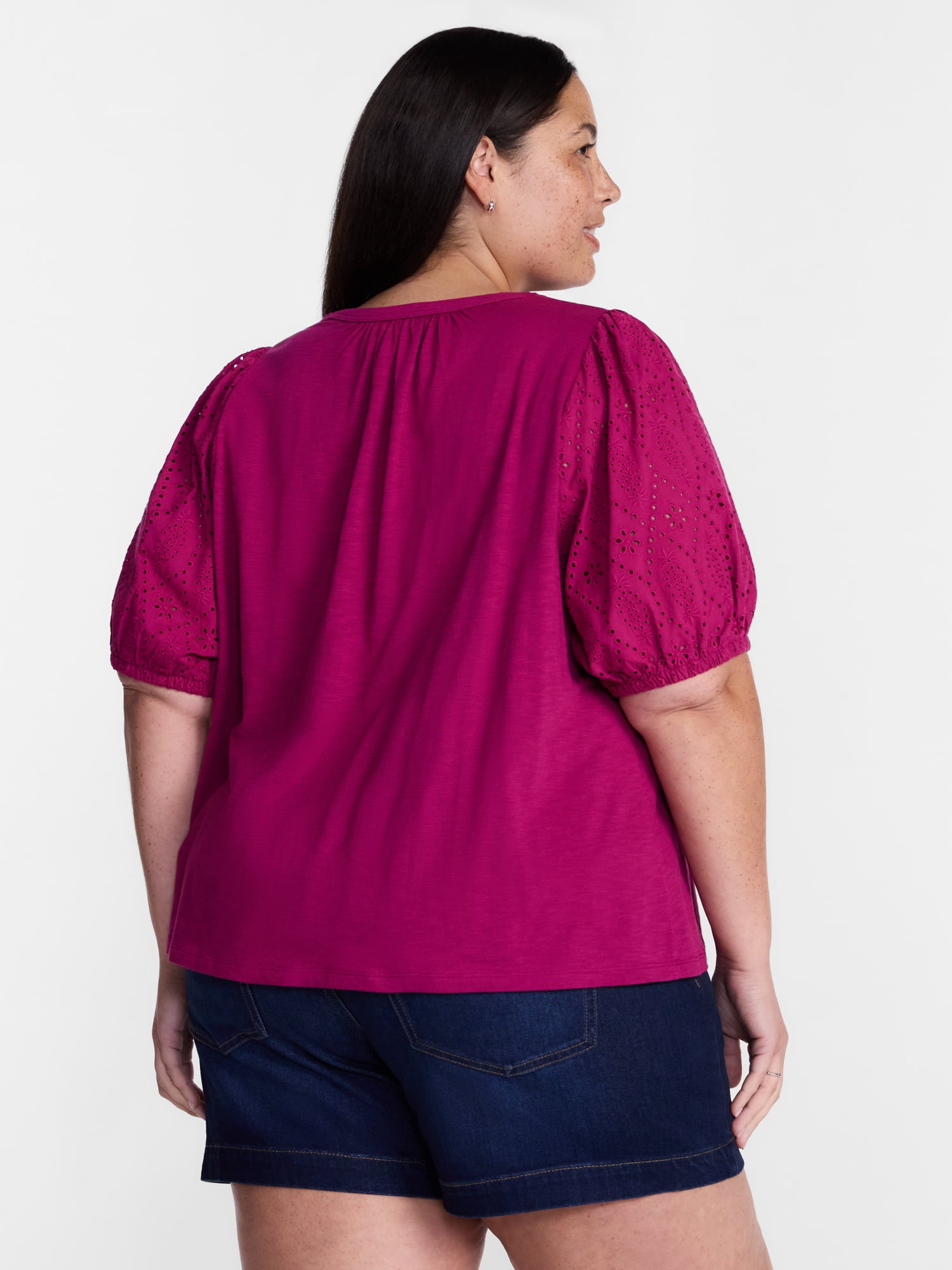 Terra & Sky Women's Plus Eyelet Yoke Top with Short Puff Sleeves, Sizes 0X-5X