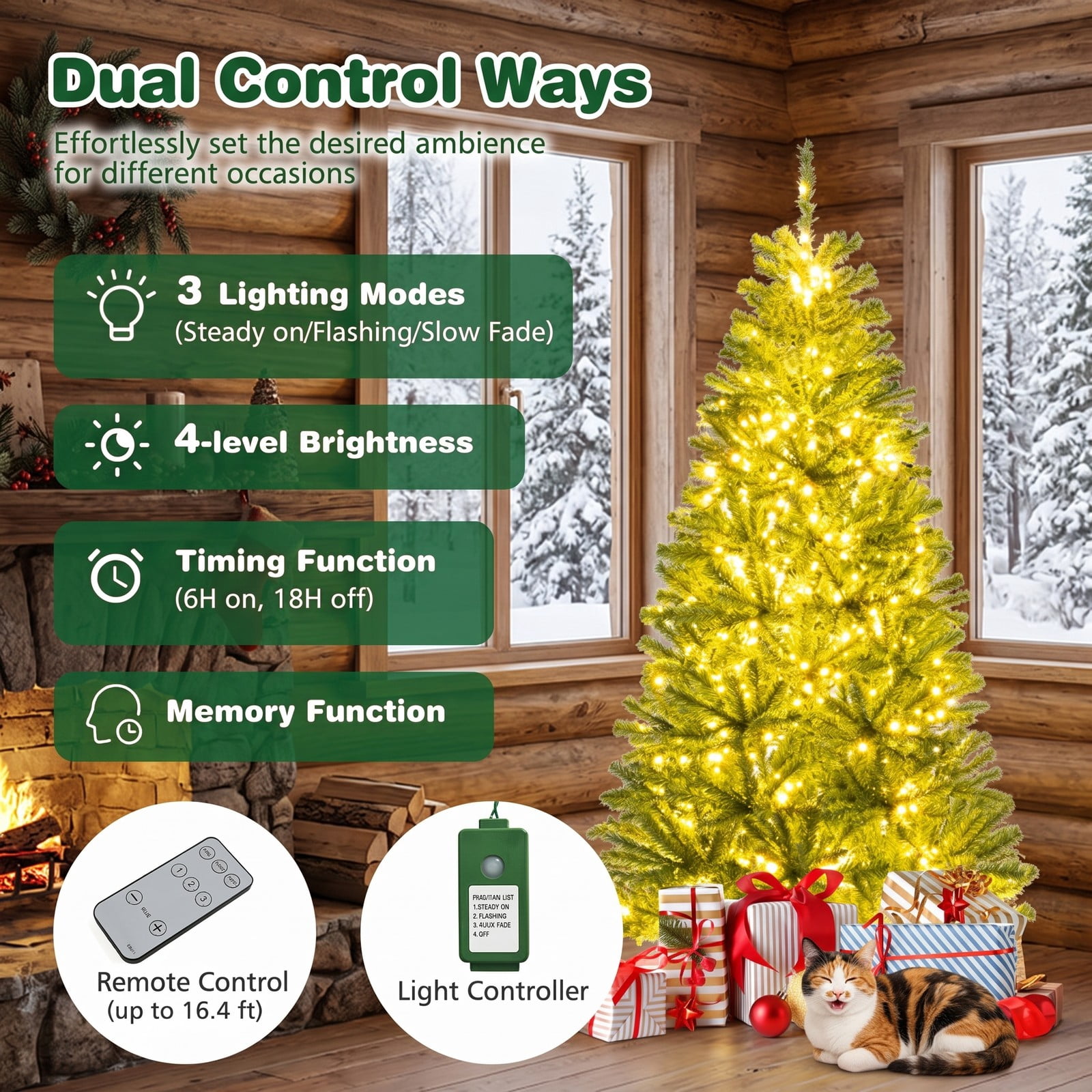 RUIE 6 FT Pre-Lit Artificial Christmas Tree with 700 LED Lights, Remote Control, Timer and Memory Function, Metal Stand, Flame-Retardant Full Xmas Tree for, Green