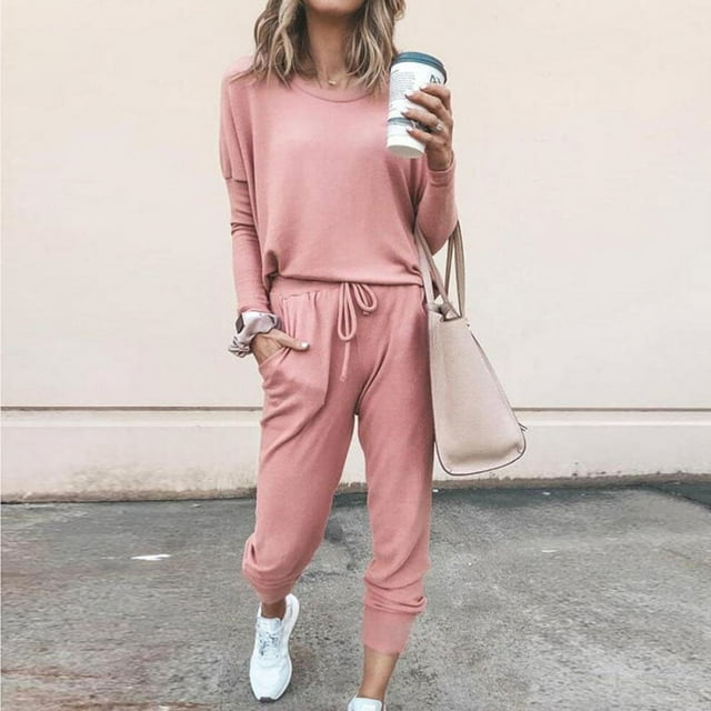 Faithtur Women Autumn Casual Sportswear Set Solid Color Long Sleeve O-neck Pullover+Drawstring Trousers Lady Spring Tracksuit Outfit