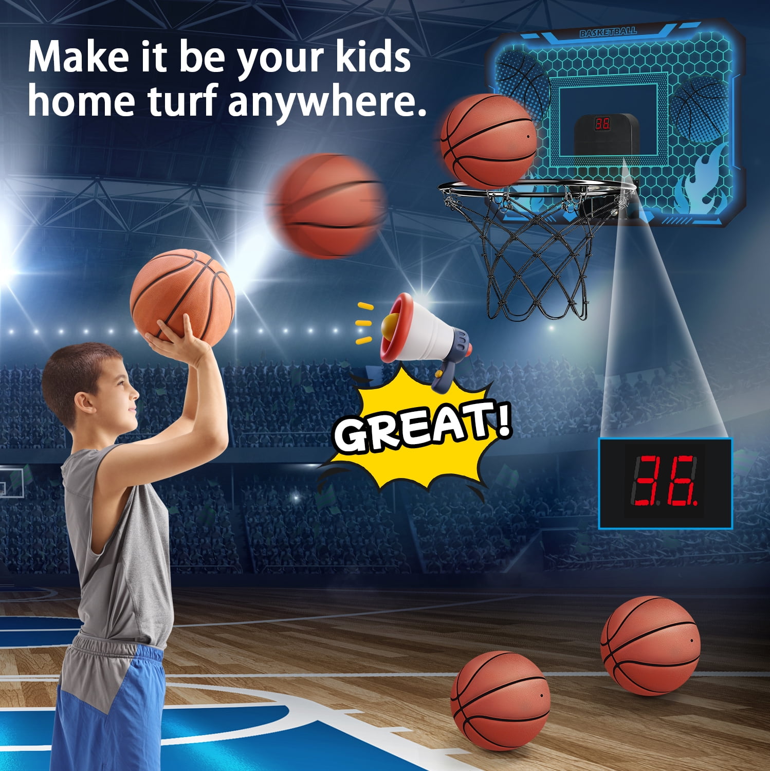 Indoor Basketball Hoop for Kids with 7 Color LED Lights, Remote Control, Over-the-Door Mount, Scoreboard - Gifts for 4-12 Year Old Boys & Girls