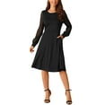 thumbnail image 1 of Vestido de cóctel elegante de manga larga para mujer, cuello redondo, negro, hasta la rodilla, 1 of 5