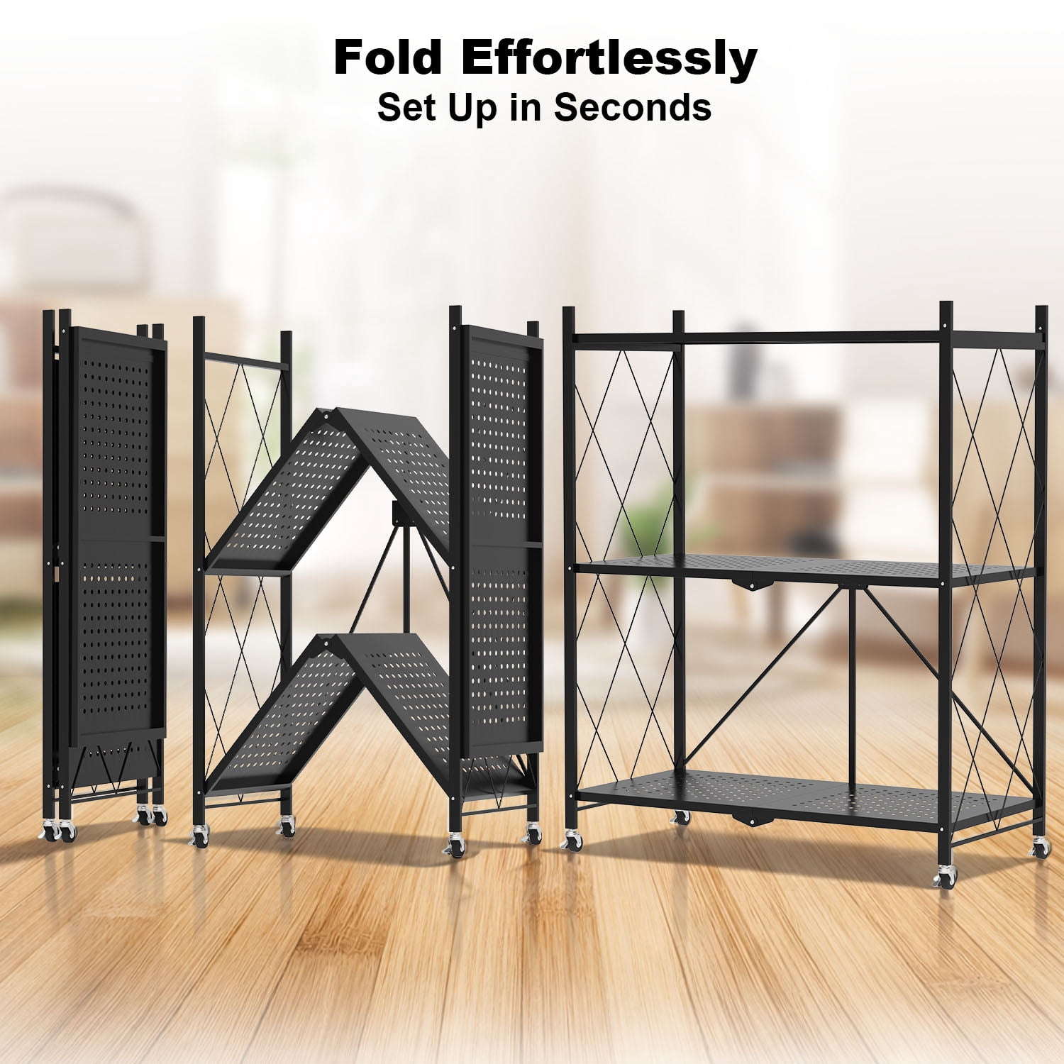 3 Tier Foldable Shelf with Wheels, Portable Carbon Steel No Assembly Organizer, Collapsible Rolling Standing Utility Storage Rack for Kitchen Pantry Office, Black