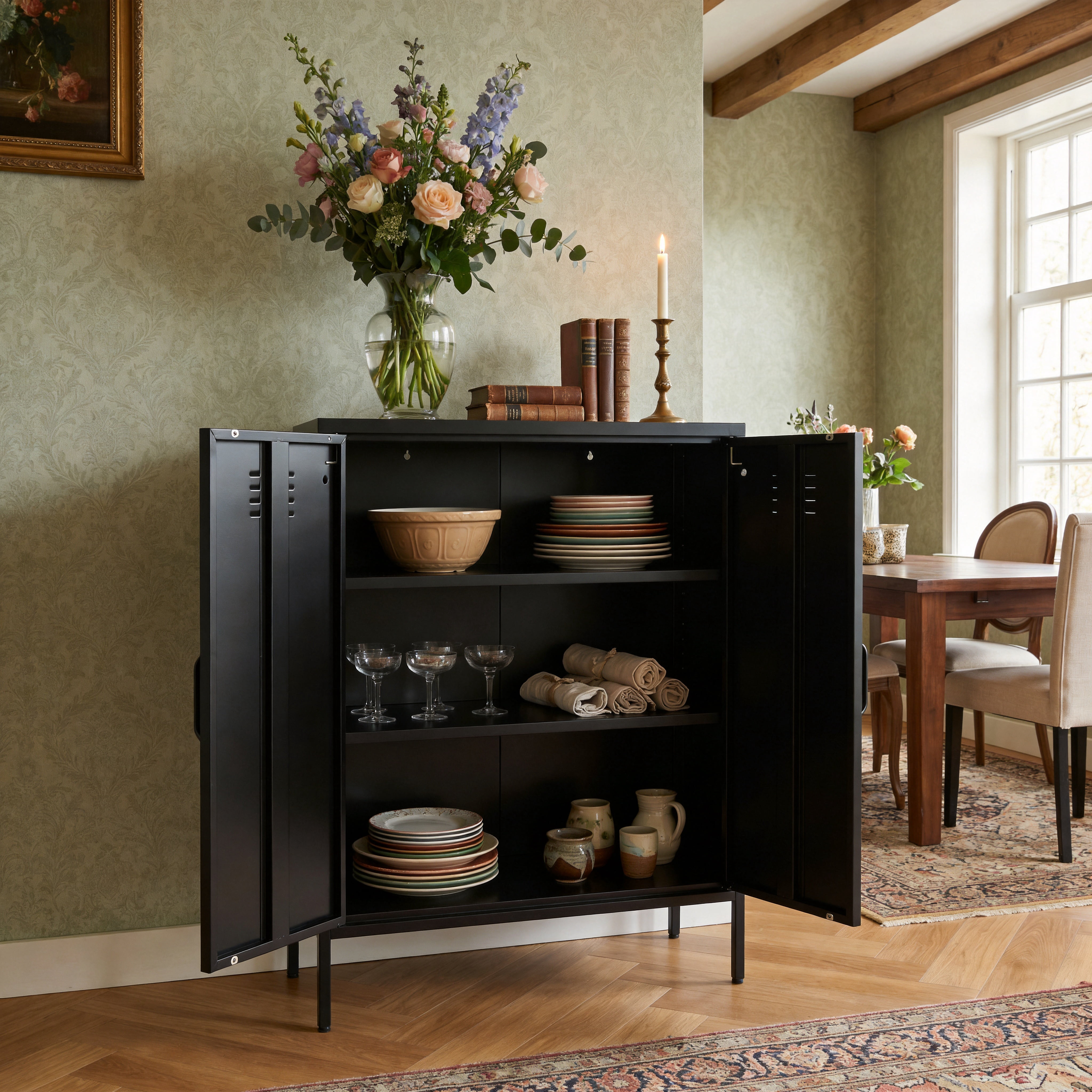 Leumius Metal Sideboard Buffet Cabinet with Storage,40"H Accent Cabinets with Adjustable Shelf,Kitchen Pantry Cabinet for Dining Room,Living Room,Black