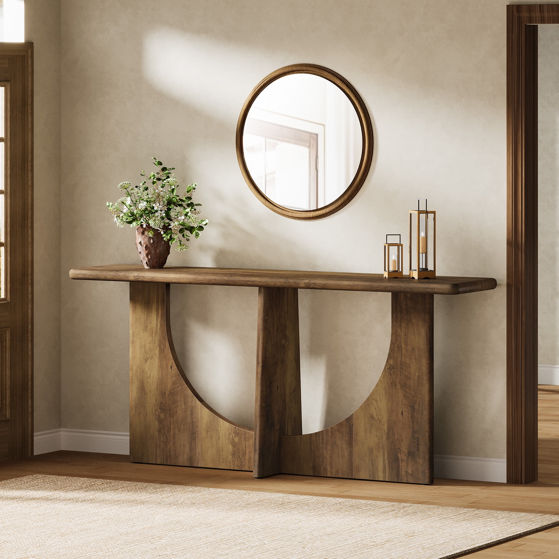 Finmind 71-inch Console Table for Entryway, Farmhouse Entryway Table with Sturdy Geometric Frame and Rounded Corner, Rustic Brown
