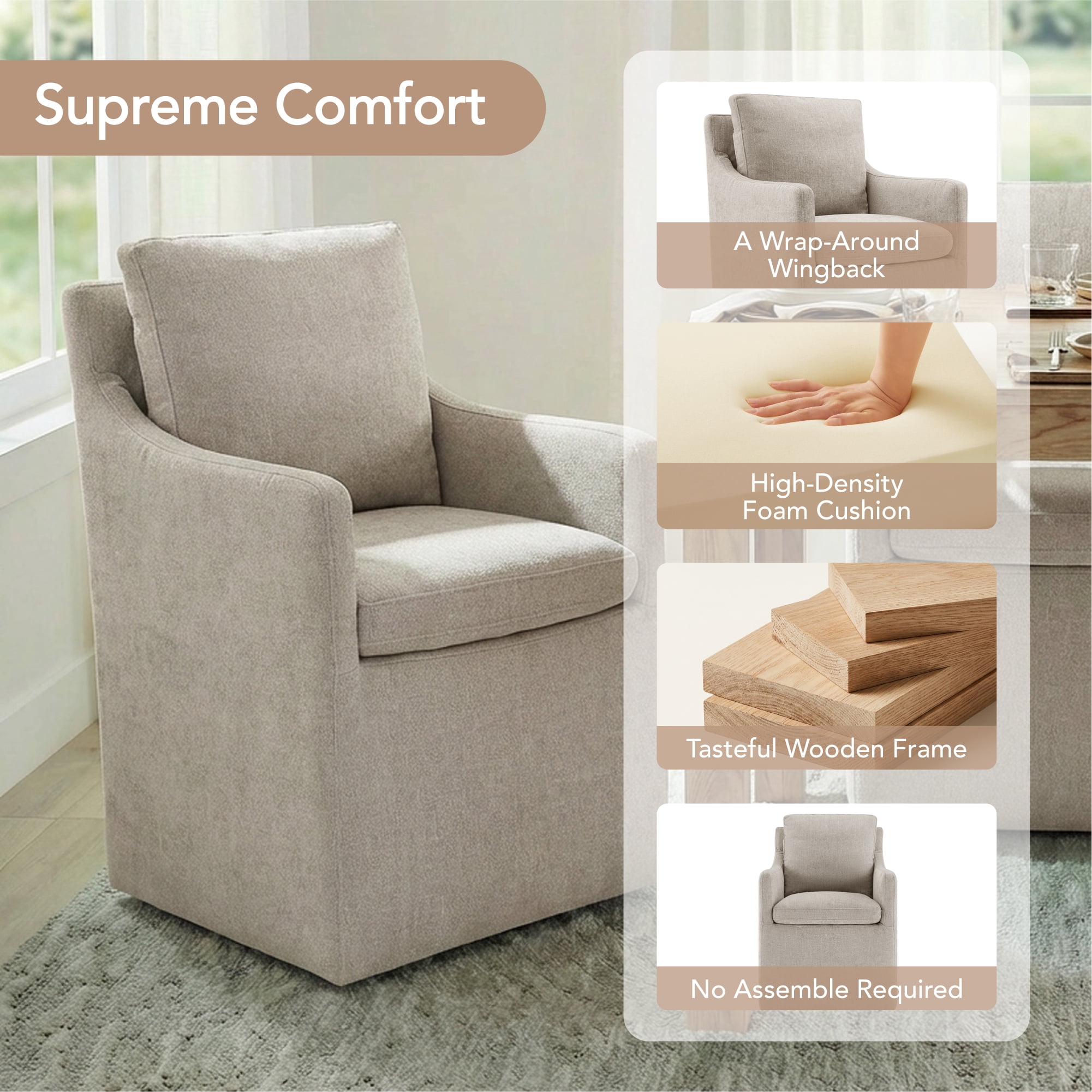 Spruce & Spring Modern Upholstered Dining Chair with Hidden Casters, for Kitchen & Dining Room, No Assembly, Single, Khaki Fabric