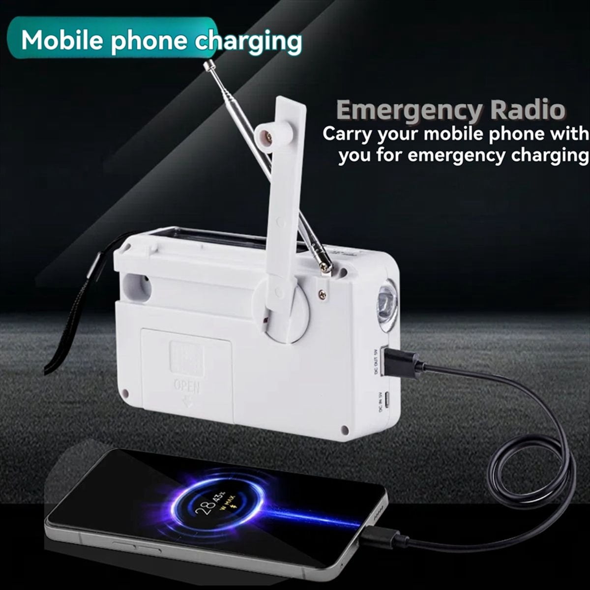 FM/AM Radio Solar Hand Crank Self Powered Radio Multifunctional Portable Emergency Radio with Flashlight White,1 x Portable Radio 1 x USB cable,White