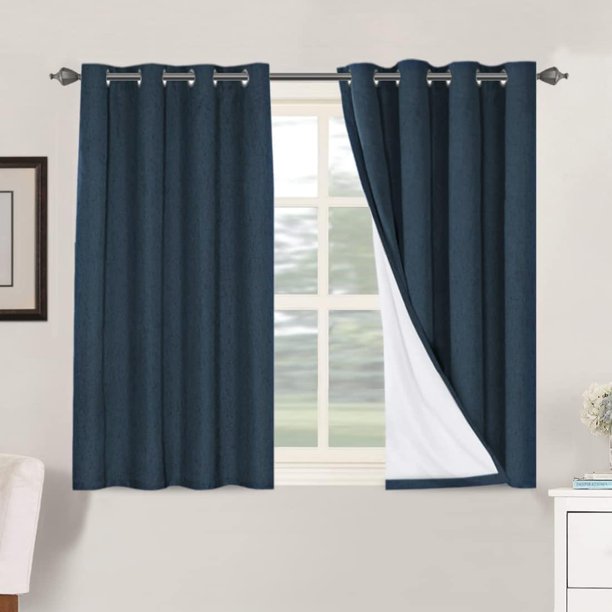 Cortinas opacas de lino de 84 pulgadas de largo, 100 % absolutamente opacas, con aislamiento térmico, con textura de lino, cortinas con ojales antioxidantes, ahorro de energía con forro blanco, 2 paneles, azul marino natural, 52 pulgadas de ancho x 45 pulgadas de largo