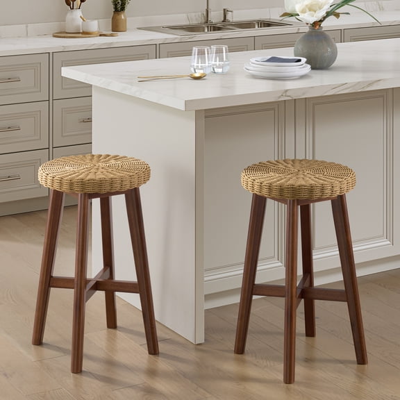 Alaterre Furniture Calais 24in Round Barstools Set of 2 with Woven Seats, Chestnut