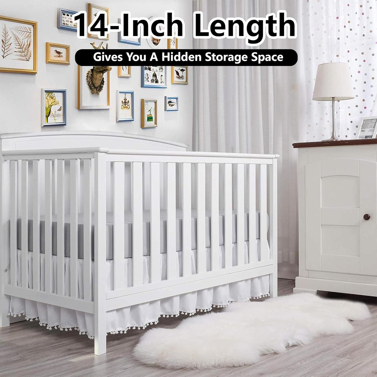 Ruffled Crib Skirt with Pompoms:Crib Bed Skirt with 14" Drop,Mini Crib Bedding Toddler Skirt,Baby Crib Accessories for Baby Boys Girls,28" X 52" (White)
