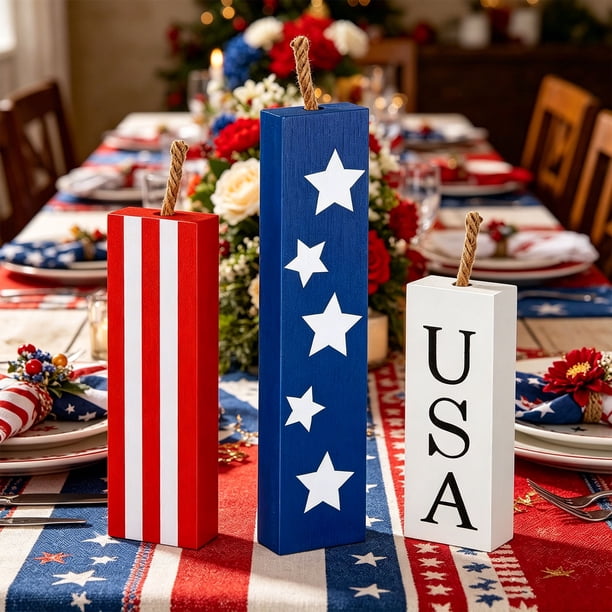 Patriotic 4th Of July Wooden Block Decor Set US A Star Strip Es Table Centerpiece For Independence Day Memorial Day Veterans Day