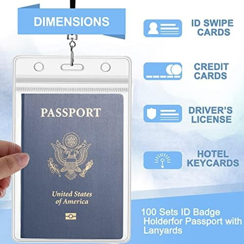 100 Sets 4 x 6 Inch Passport Holder Extra Large ID Badge Holder with Lanyards, Vertical Waterproof Clear Plastic ID Card Badge Protector Fill for Passport Credit Card Plane Ticket Receipt Cash