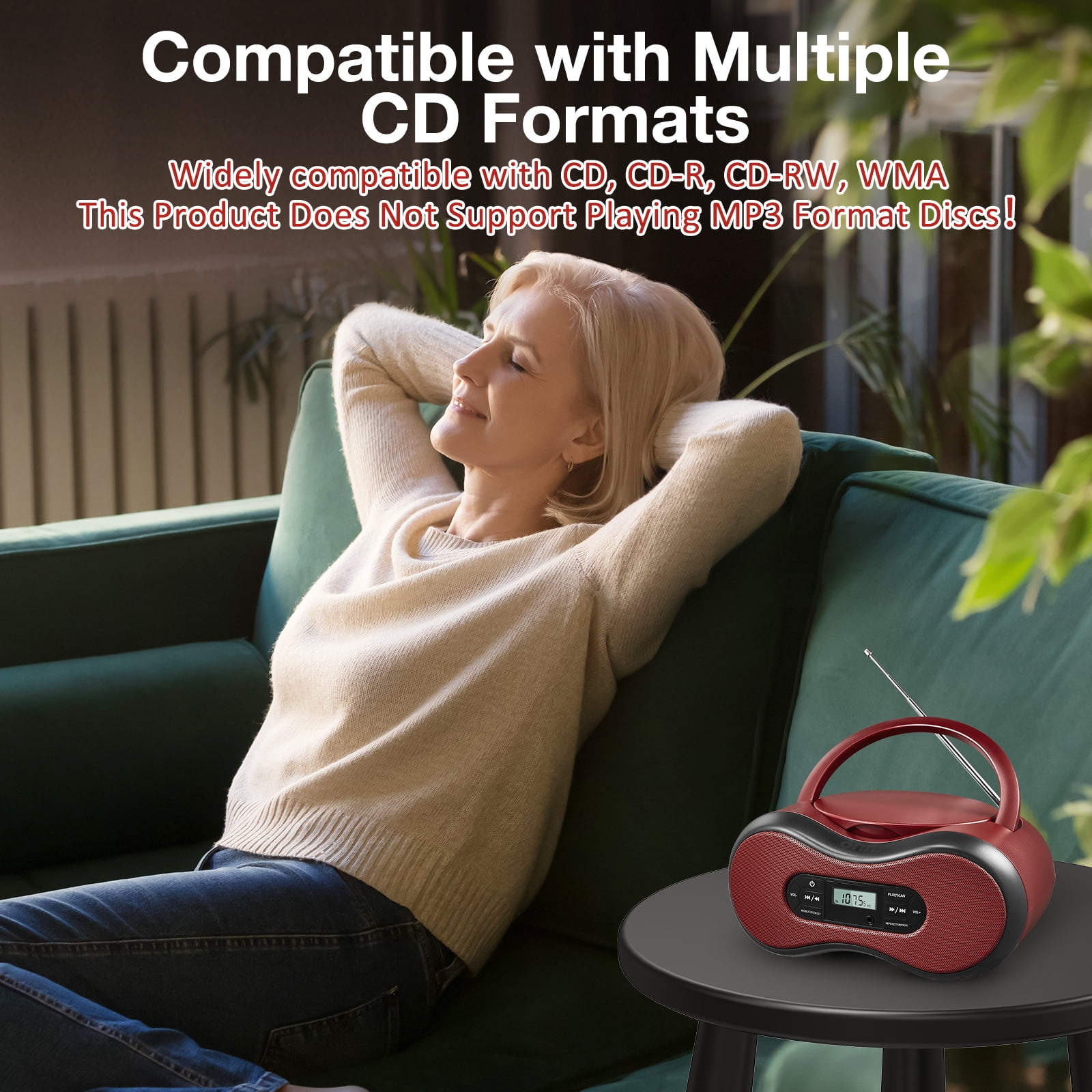 CD Player Boombox with Bluetooth,FM Radio,3.5mm Aux Input,Does Not Support Playing MP3 Format Discs