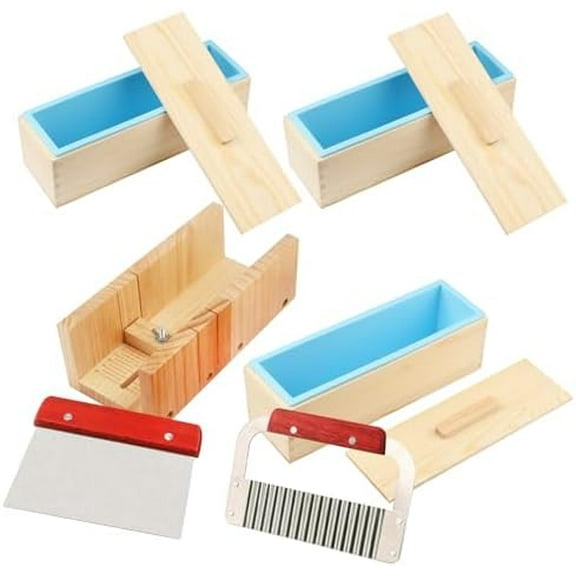 Premium Soap Making Kit with 3PCS 42oz Silicone Moldss & Wooden Box & Two Cutter, Complete Crafting Set for Pour or Cold Process Soap, by$$Art & Craft