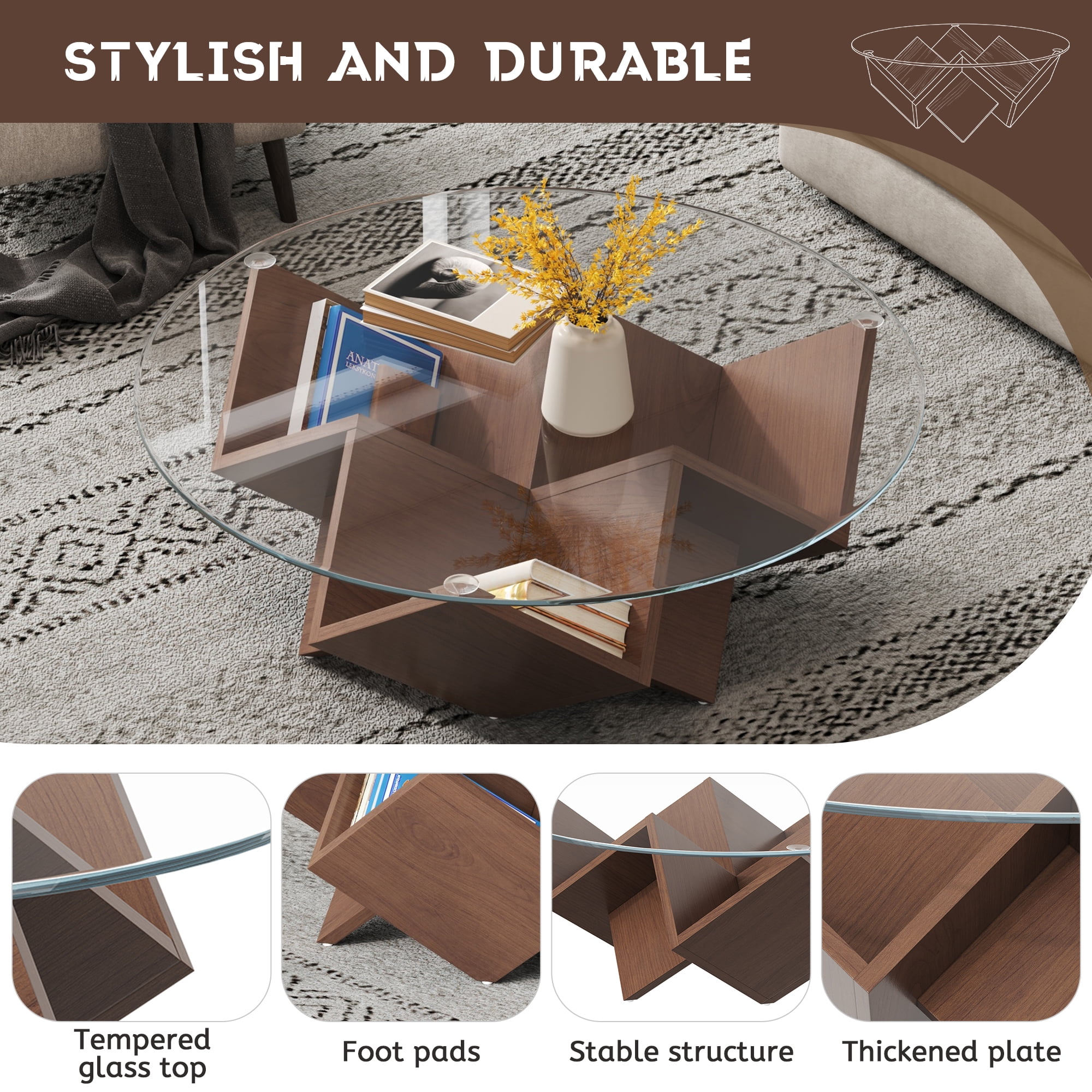 35.4" Round Coffee Table with Tempered Glass Top, Geometric Design Accent End Table with Abstract Art Deco Storage Shelves Base