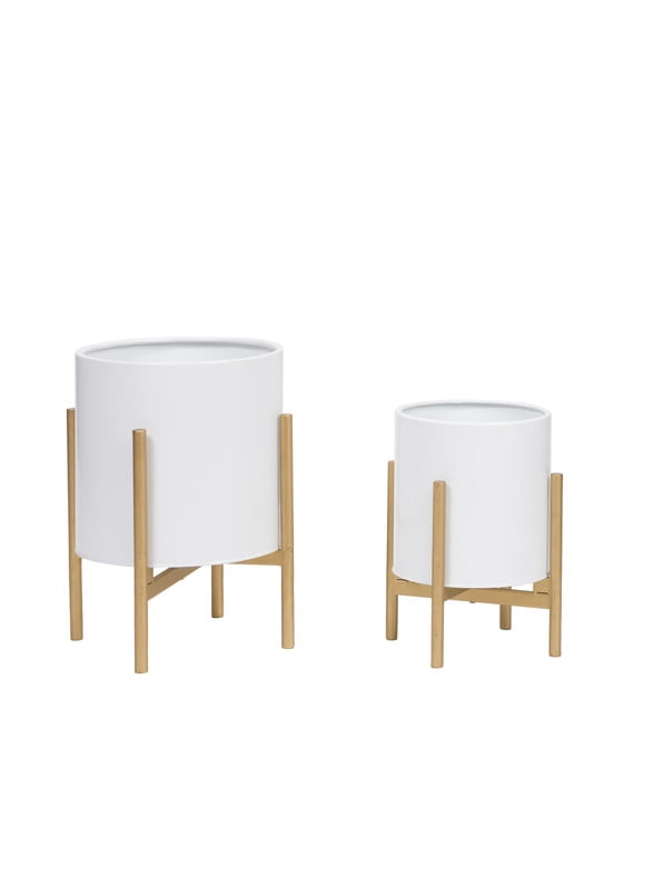Raya White Planter Pot with Loki Gold Metal Planter Base - (Small & Medium Set)