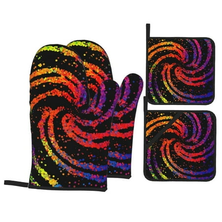

Oven Mitts and Pot Holders Sets 4 pcs - A Bright Abstract Heat Resistant Silicone Oven Gloves with Non-Slip Silicone Surface and hot pads for kitchen Baking Cooking BBQ
