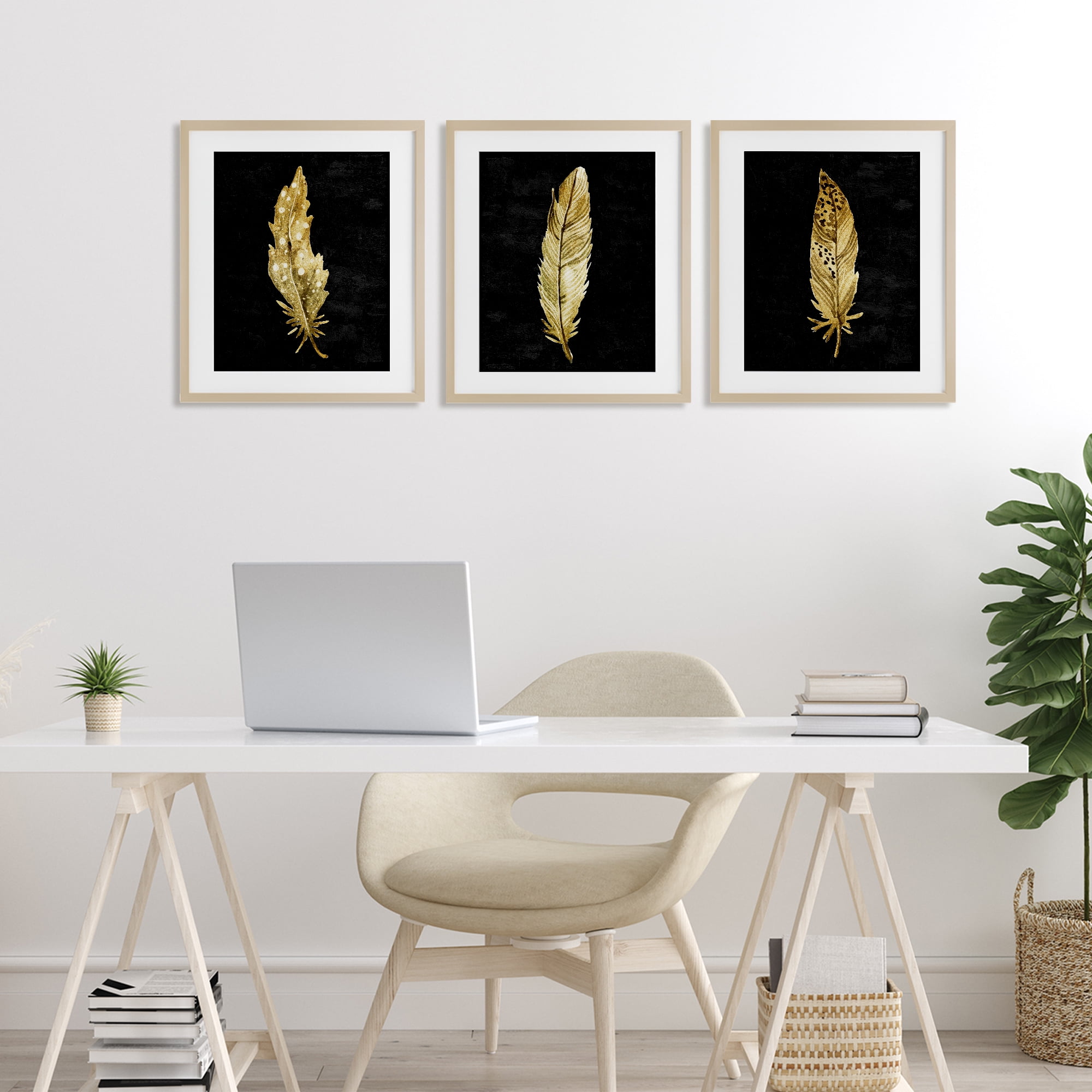 Black & Gold Feathers 3 Piece Birch Framed Print Under Glass Set, design by Kim Allen
