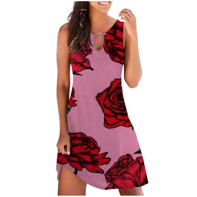 RXIRUCGD Robes pour Femmes Robe Décontractée Ample d'Été Imprimé Floral Robe de Plage Sans Manches Robes d'Été pour Femmes