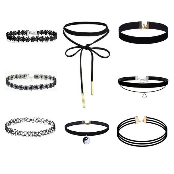 Gargantillas para mujer, 8 piezas de 30 cm, juego de collar de gargantilla negra, gargantillas de terciopelo con tatuaje de encaje negro para mujeres y adolescentes (Fondo de dibujo de capital) Capital Drawing Fund JM