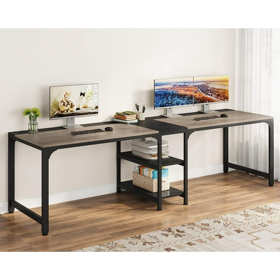 Tribesigns 90.55'' 2 Person Desk with Storage Shelves, Double Computer Desk with Spacious Desktop, Extra Long Study Writing Table Workstation for Home Office (Black & Gray)