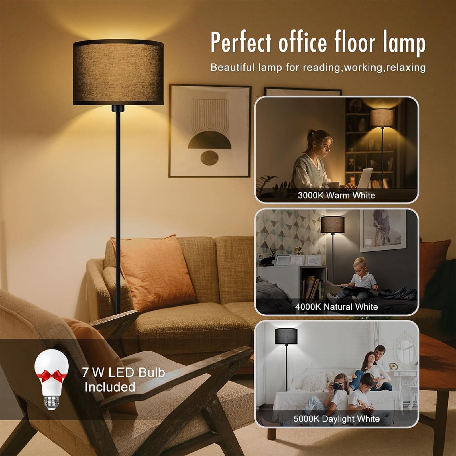 Susuzi Modern Floor Lamp Simple Design, 60" Tall Lamps for Living Room Bedroom Office Dining Room Kitchen, Black Pole Lamp With Bulb