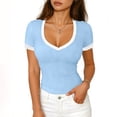 thumbnail image 2 of XPMWRP Summer Tops for Women Short Sleeve Tops V Neck Ribbed Knit Slim Fitted Basic Tee Shirts Casual Clothes Spring Outfits Light Blue S, 2 of 6