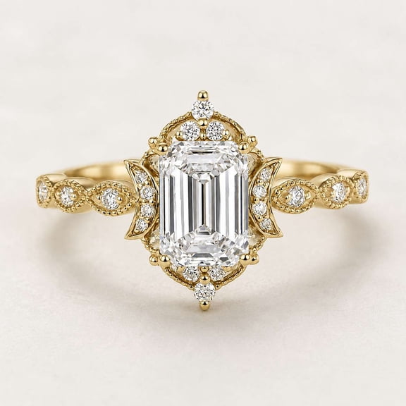 vylahjewellery Moissanite Wedding Ring Emerald Cut Vermeil Yellow Gold Engagement Ring for Women, Elegant Vintage Style Halo Ring