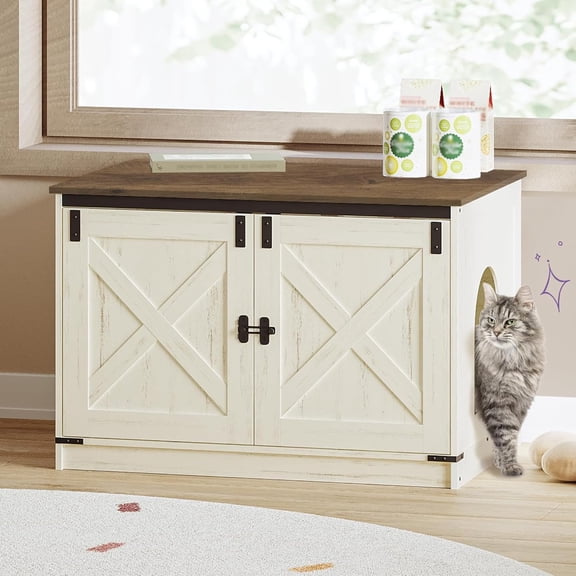 Cat Hidden Litter Box Enclosure with Cushion & Removable Dividers,Cat House, Rustic White and Brown