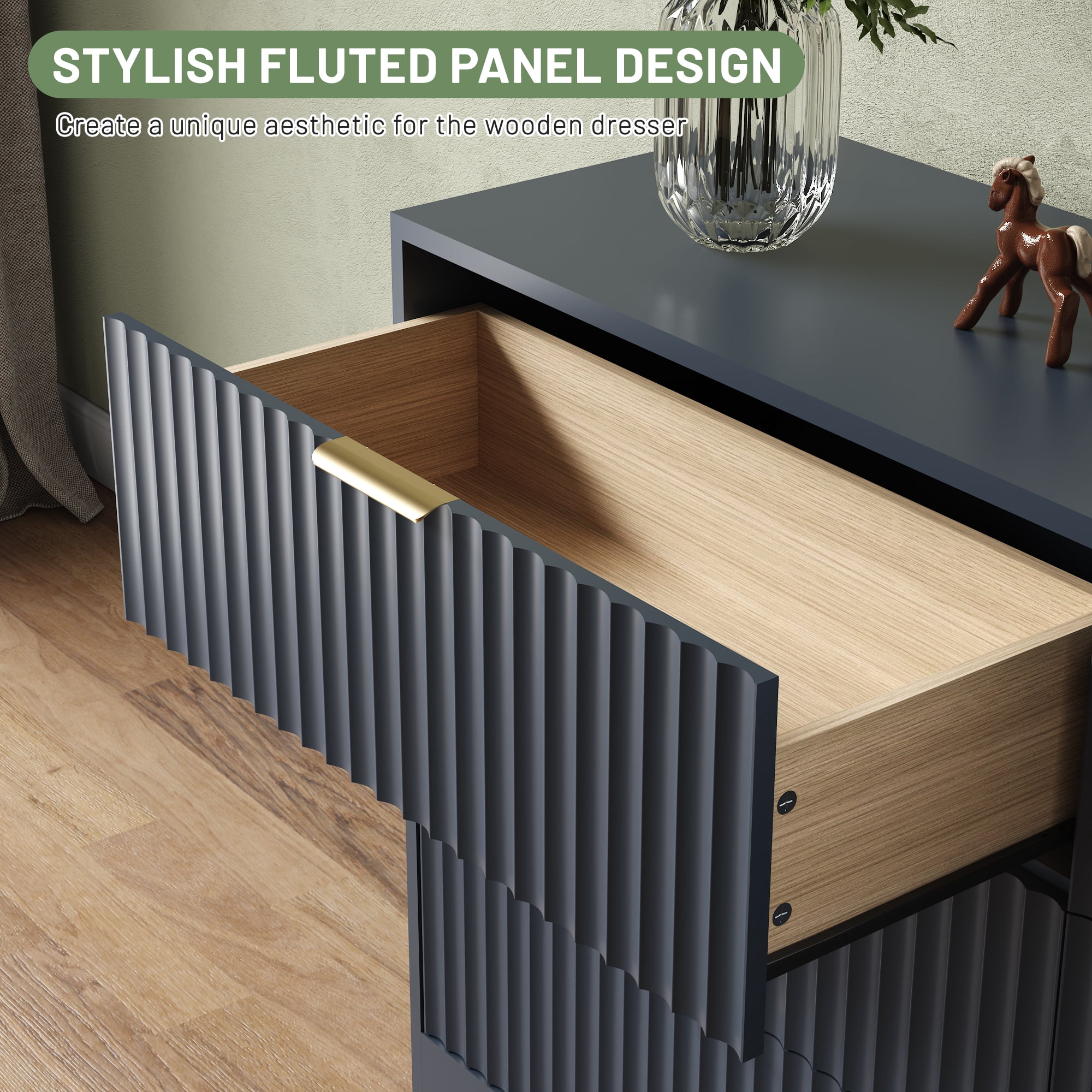 ASTUVIA 55.1" W Fluted 6 Drawer Dresser for Adult,Wooden Bedroom Dresser,Dresser TV Stand up to 65" for Living Room,Blue
