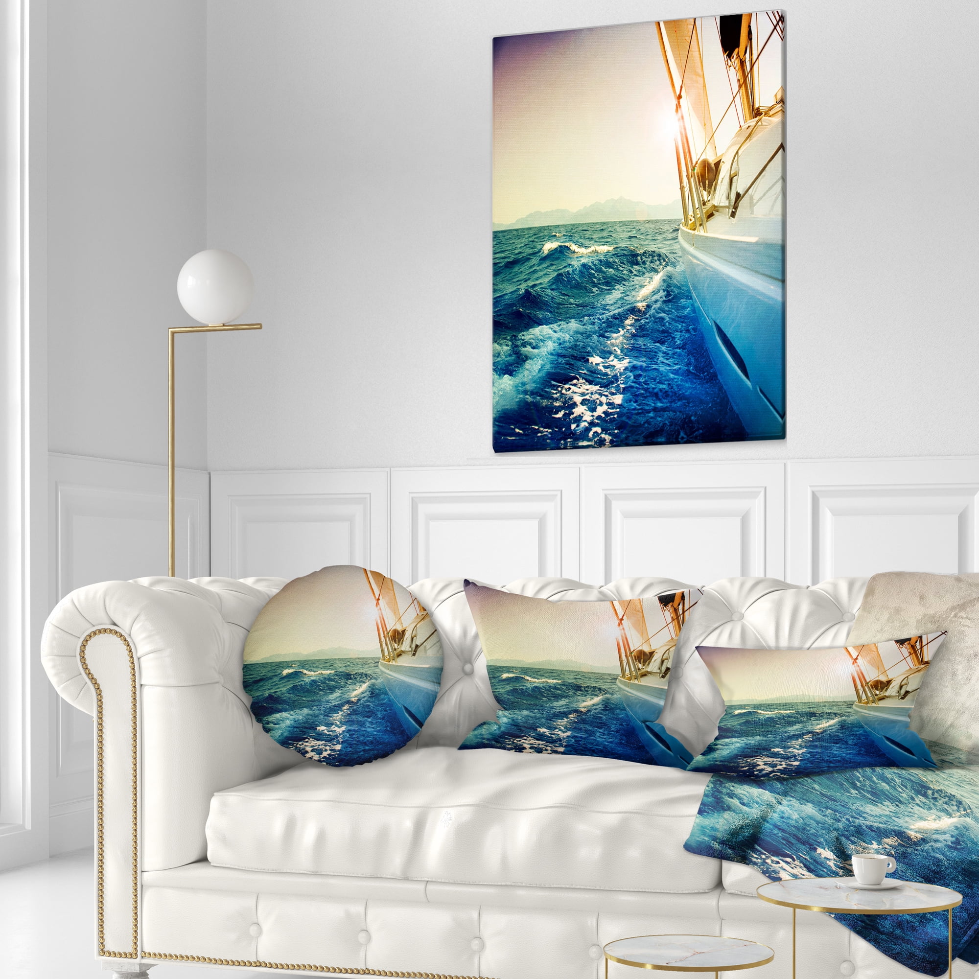Designart Sepia toned Yacht Sailing in Sea - Seashore Throw Pillow - 12x20