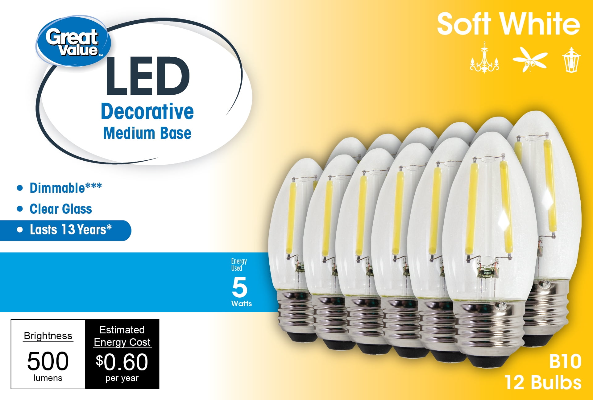 Great Value LED 4W (60W Equivalent) Soft White E26 Medium Base Decorative Light Bulbs, Dimmable, 12 Pack