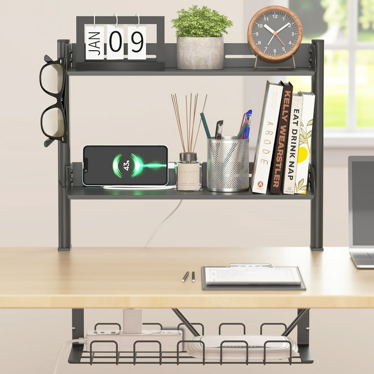 Mintazer 3-Tier Clamp-On Desk Shelving Unit with Under-Desk Cable Management Tray for Table Accessories, Gaming Devices, and More, Storage Tray, Desktop Organizer, Black