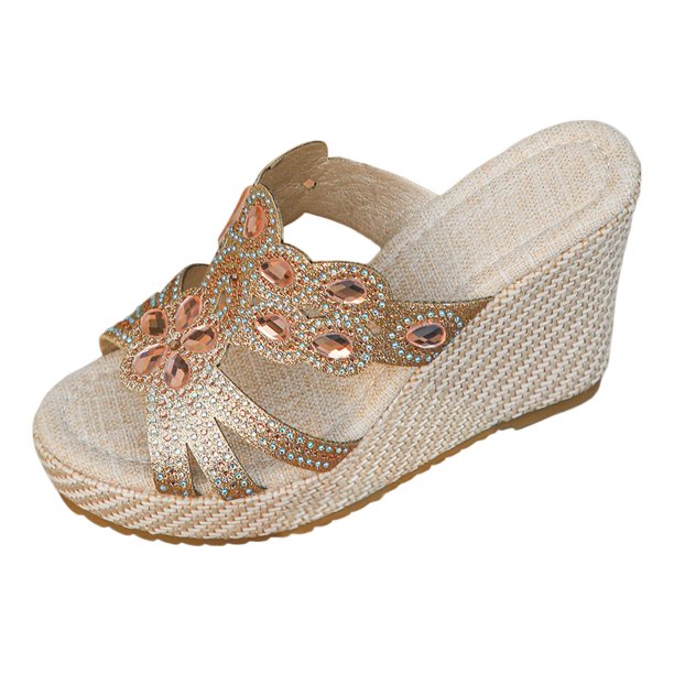 Bmisegm Ladies Summer Rhinestone Bright Leather Thick Bottom Large Size Slope Heel Sandals Slippers Womens Sandals Summer Rose Gold 7