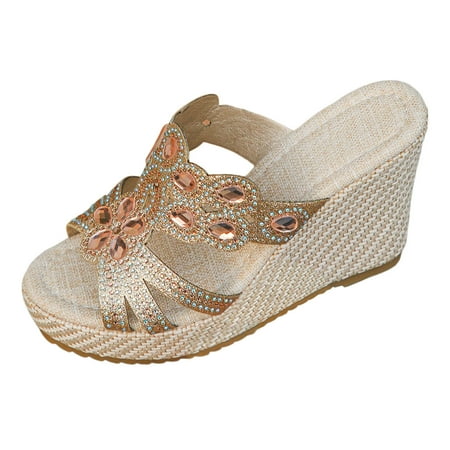 

MIASHUI Summer Sandals for Women 2024 Women s Wedge High Heel Sandals Crystal Strap Diamond Wedge Sandals Rose Gold 6.5