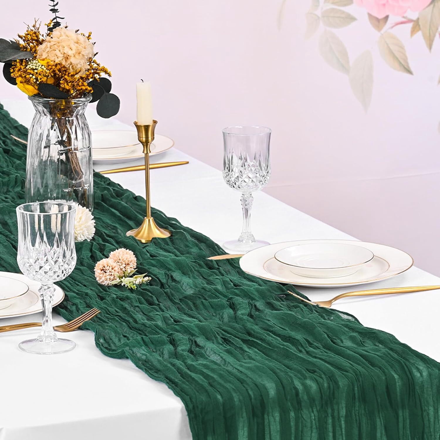 10 Pack Emerald Green Cheesecloth Table Runner 17x108 Inch Boho Gauze Cheese Cloth Table Runners for Wedding Party Baby Shower Birthday Home Decor