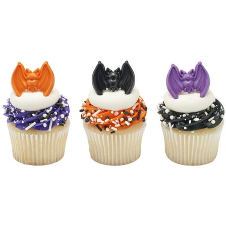 Spooky Bat Cupcake Rings – 12pcs Halloween Cupcake Toppers in Black, Orange & Purple