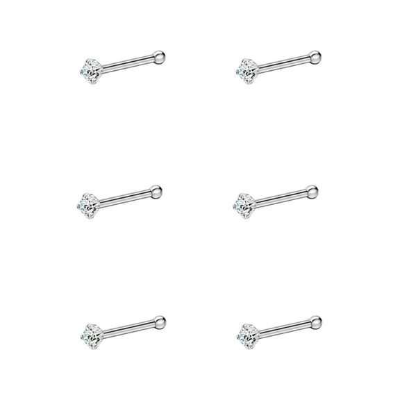 6pcs 22g 1.5mm Nose Bones for Women Round Clear CZ Nose Studs Silver Nostril Piercing Jewelry 22 Gauge Nose Jewelry Surgical Steel Straight Nose Stud