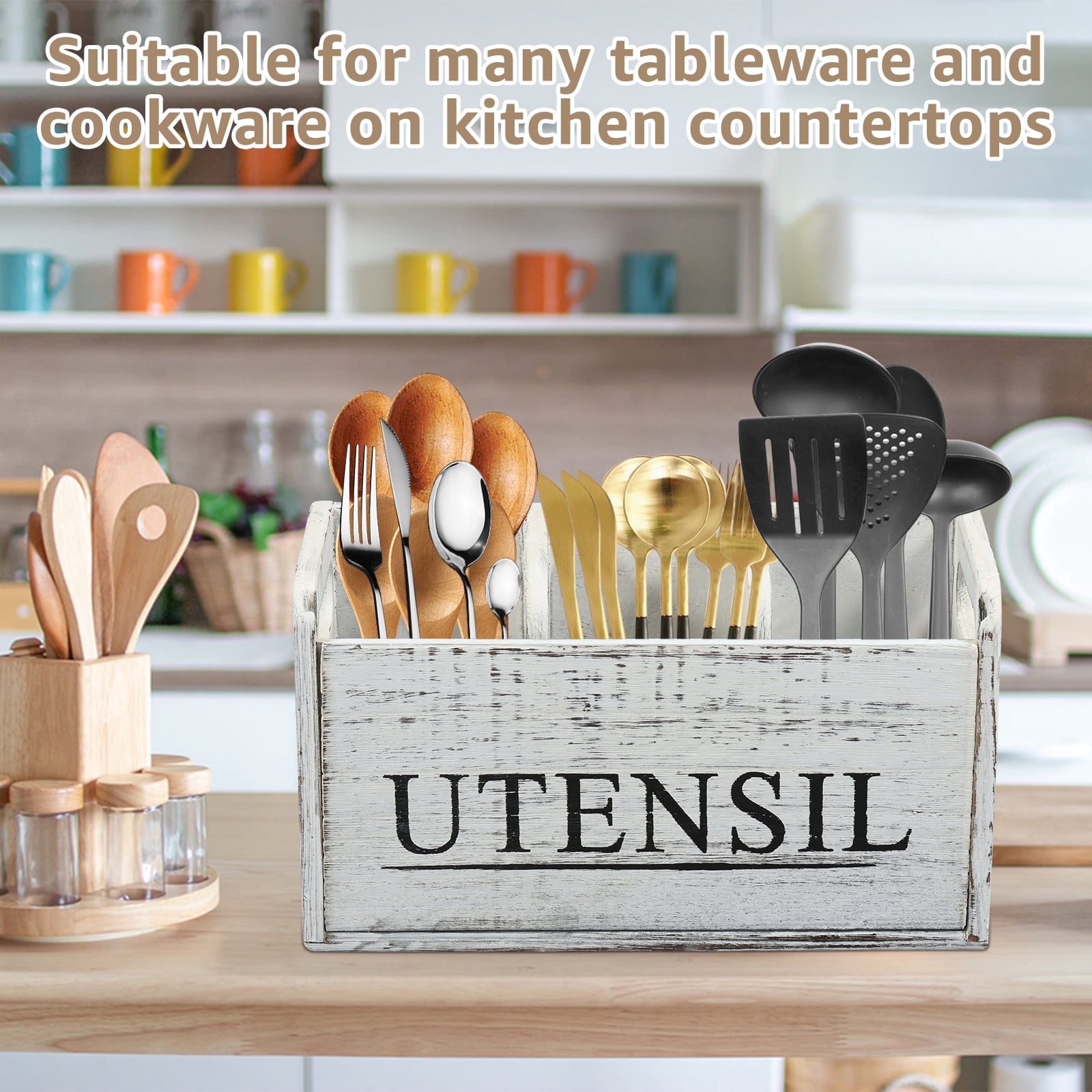FUYGRCJ Wooden Kitchen Utensil Holder, Sturdy Cooking Utensil Holder, Detachable Farmhouse Utensil Holder Easy to Clean Kitchen Utensil Holder for Kitchen Home