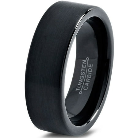 Tungsten Wedding Band Ring 7mm for Men Women Comfort Fit Black Pipe Cut Brushed Lifetime Guarantee