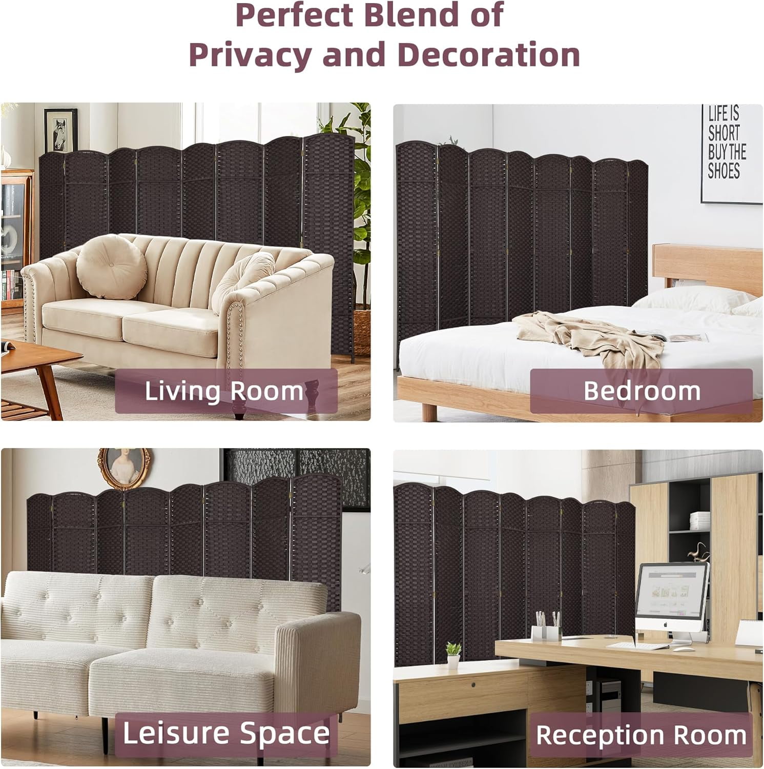 CL.HPAHKL 8 Panel Room Divider, Folding Privacy Screen 5.57 FT Tall Portable Wooden Wall Divider, Brown